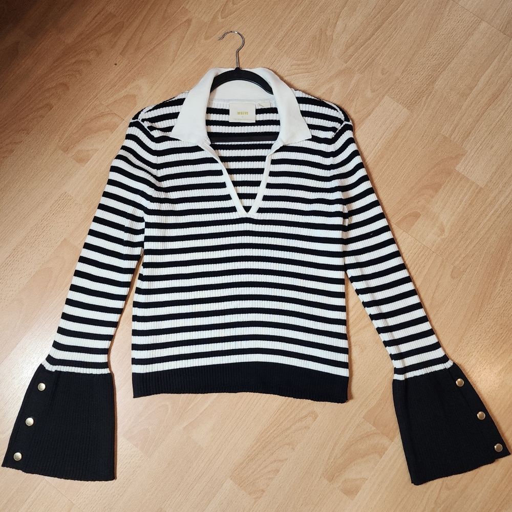 Anthropologie Maeve Bell Sleeve Stripe Sweater Polo Knit Black White Rugby XL